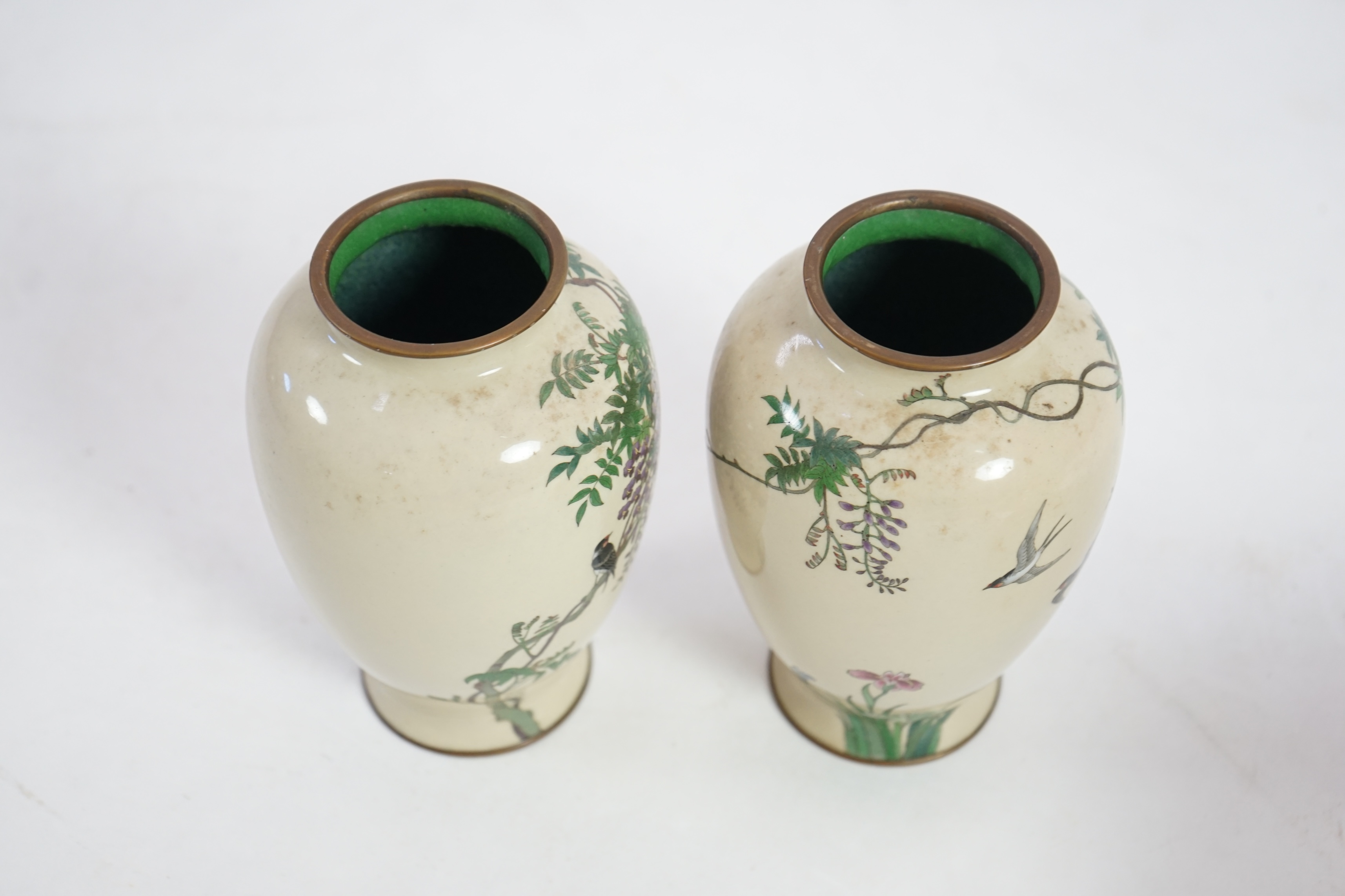 A pair of Japanese silver wire cloisonné enamel vases, late Meiji